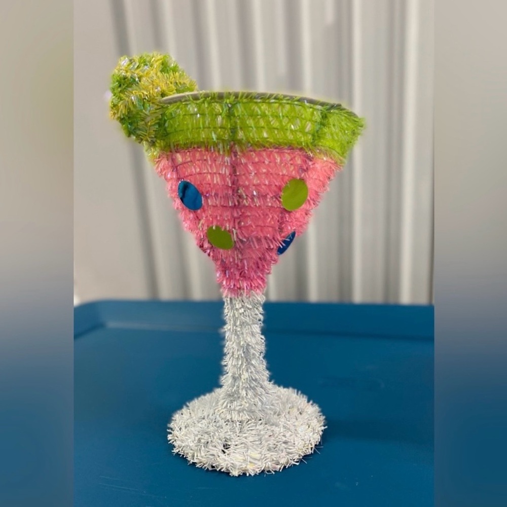 Set of 3 Festive Pink & Green Martini glass, Pineapple, and Pink Flamingo Decor